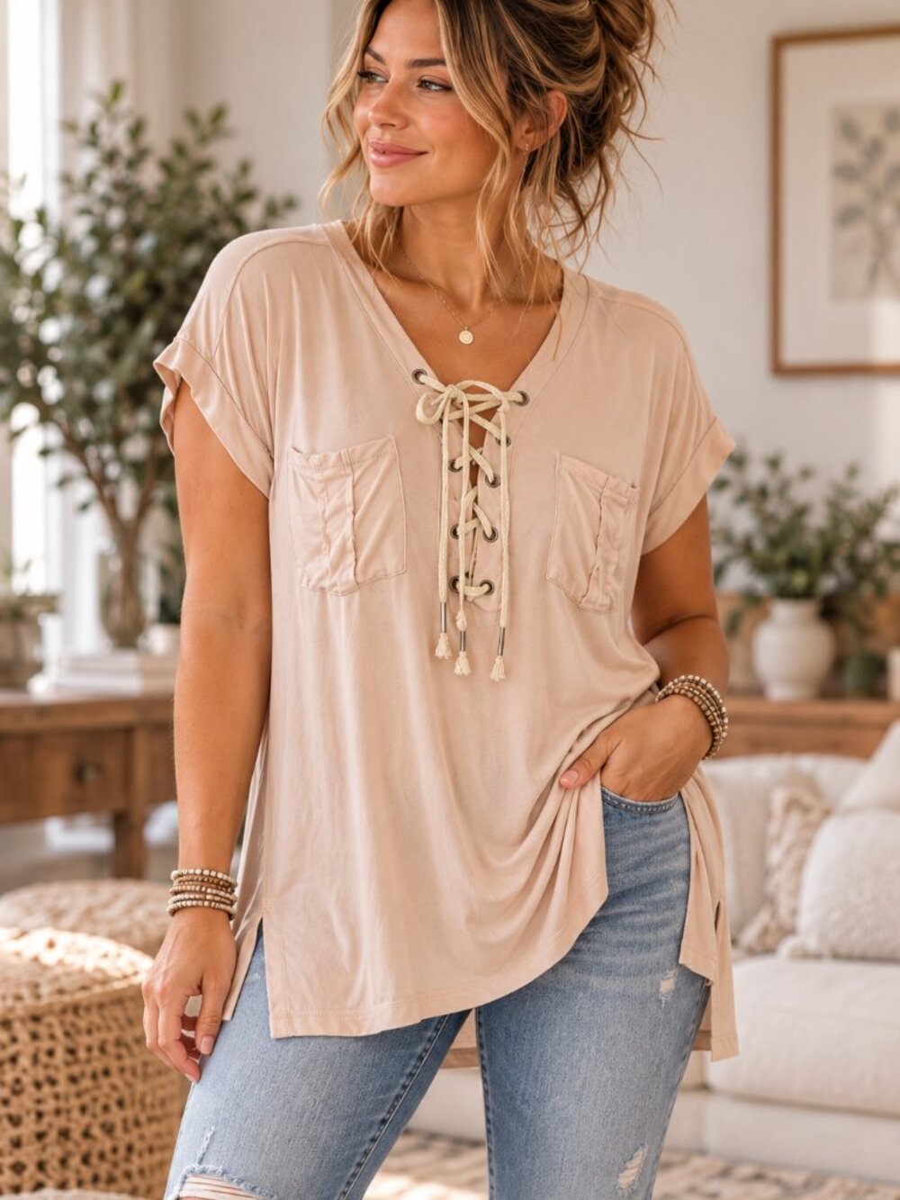 POL Blush Lace Up Grommet Pocket Boho Tunic Top Medium